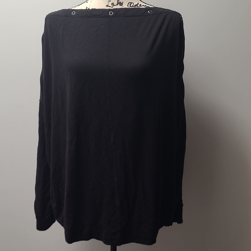 Women’s Black Boatneck Long-Sleeve Top With Snap Detail
